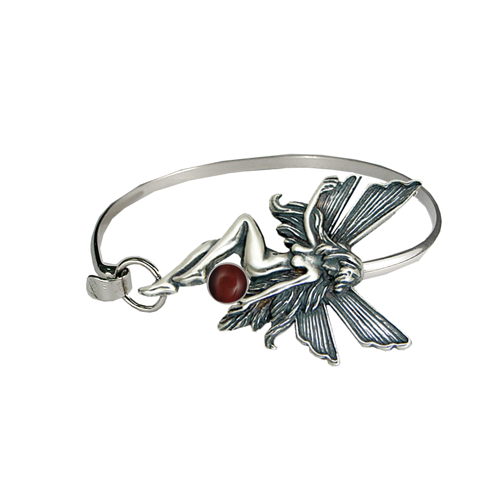 Sterling Silver Fairy Strap Latch Spring Hook Bangle Bracelet With Red Tiger Eye